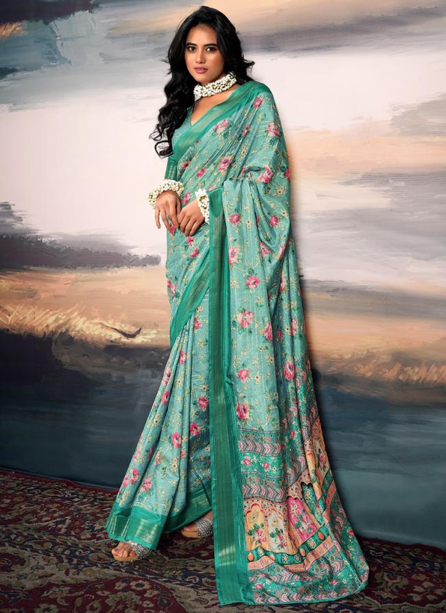 Cotton Silk Teal Traditional Wear Printed Saree